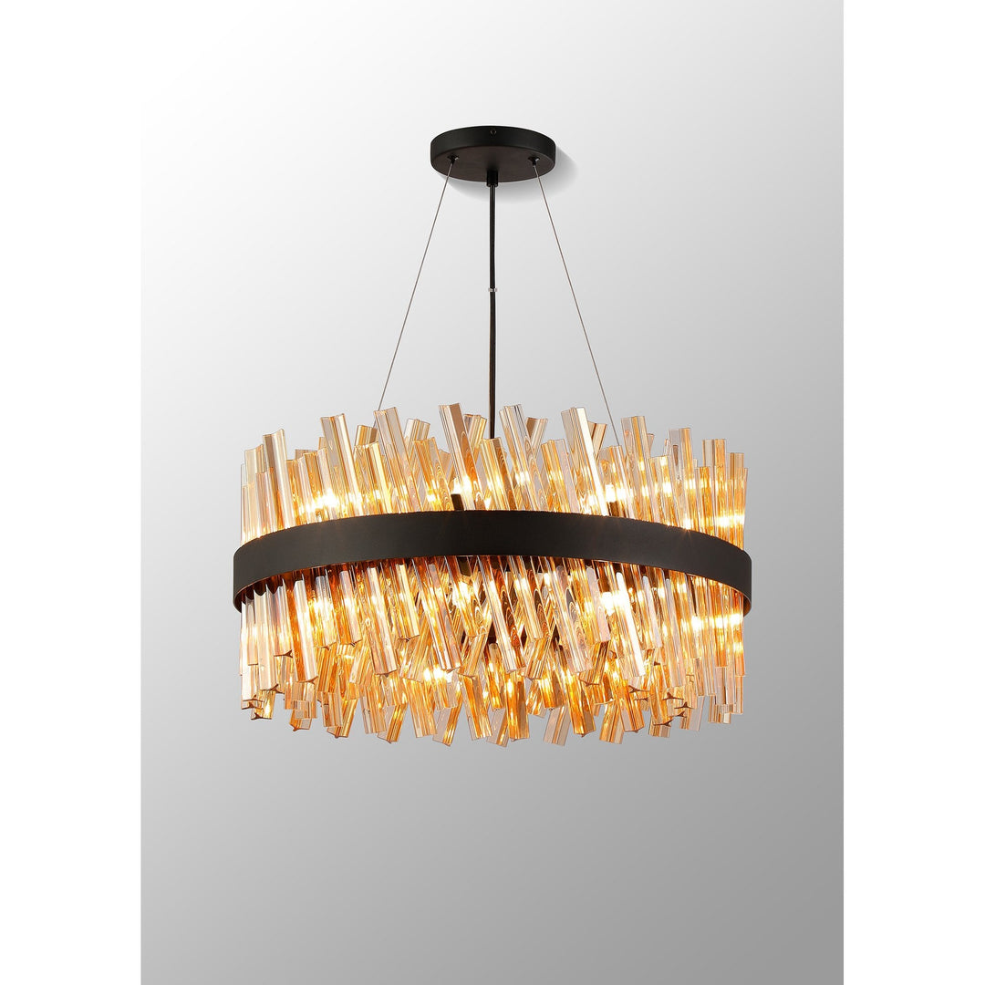 Nelson Lighting NL9500BL/AM9 Kaffer | 18 Light Round Pendant | Satin Black with Amber Glass