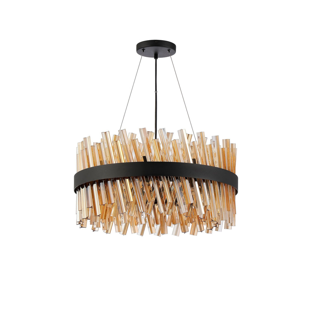 Nelson Lighting NL9500BL/AM9 Kaffer | 18 Light Round Pendant | Satin Black with Amber Glass