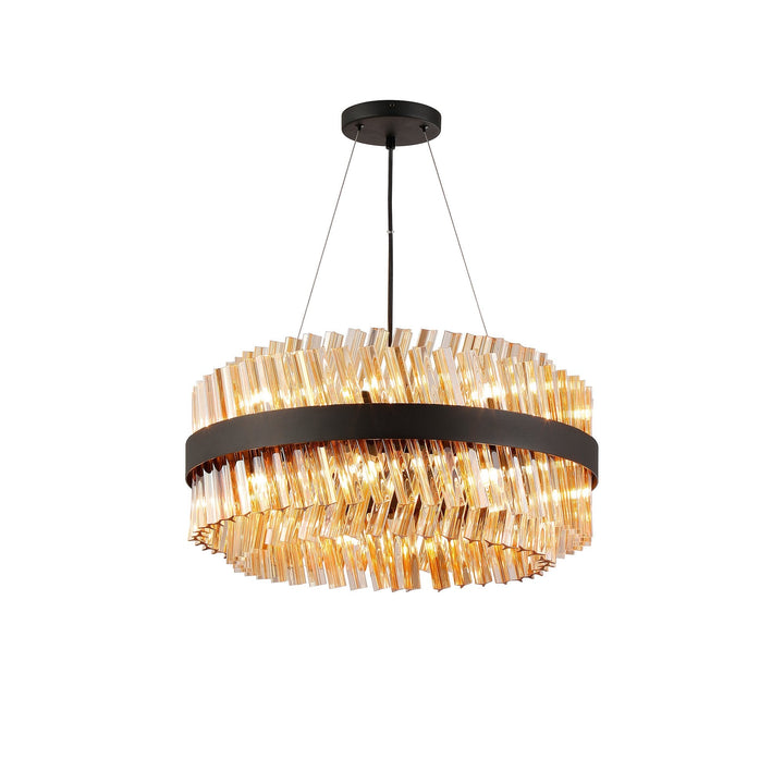 Nelson Lighting NL9500BL/AM9 Kaffer | 18 Light Round Pendant | Satin Black with Amber Glass