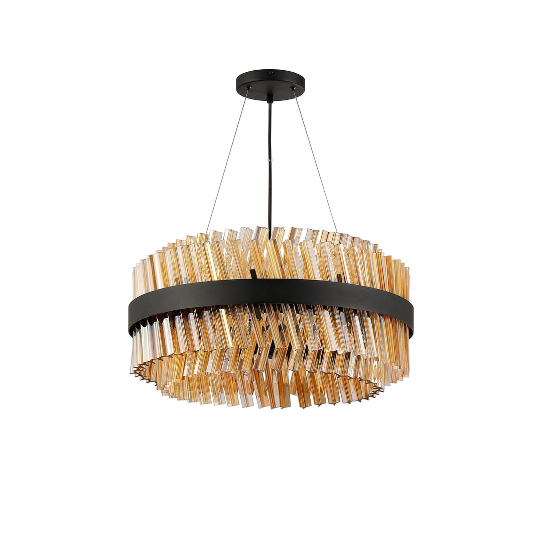 Nelson Lighting NL9500BL/AM9 Kaffer | 18 Light Round Pendant | Satin Black with Amber Glass