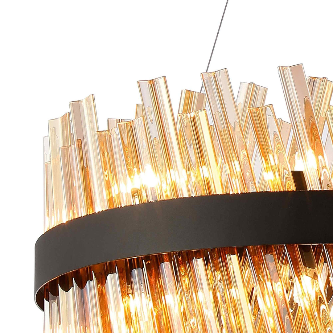 Nelson Lighting NL9500BL/AM9 Kaffer | 18 Light Round Pendant | Satin Black with Amber Glass