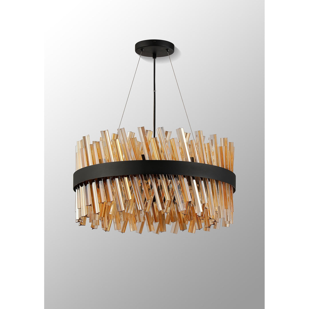 Nelson Lighting NL9500BL/AM9 Kaffer | 18 Light Round Pendant | Satin Black with Amber Glass