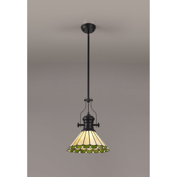 Nelson Lighting NLK15029 Louis, Umbrian 1 Light Pendant Matt Black Green/Cream