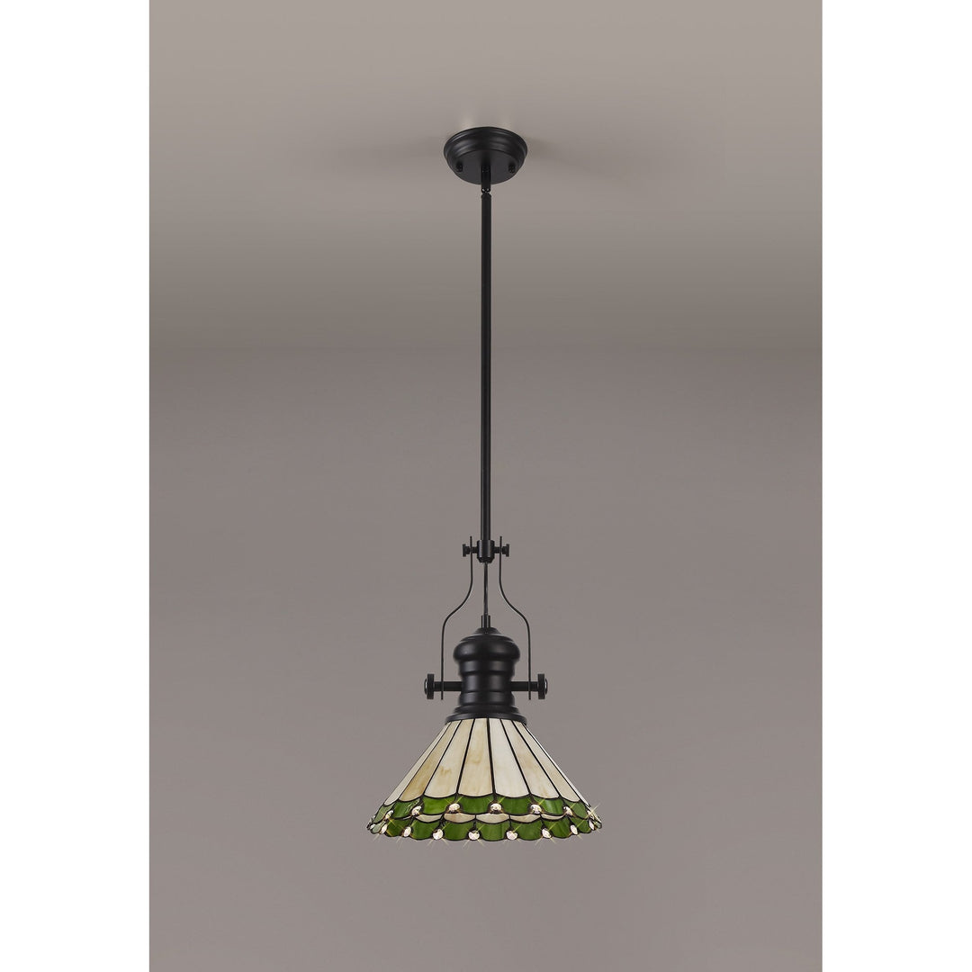 Nelson Lighting NLK15029 Louis, Umbrian 1 Light Pendant Matt Black Green/Cream