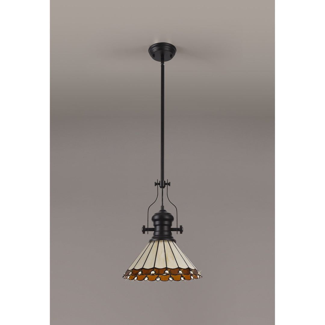 Nelson Lighting NLK15039 Louis, Umbrian 1 Light Pendant Matt Black Amber/Cream