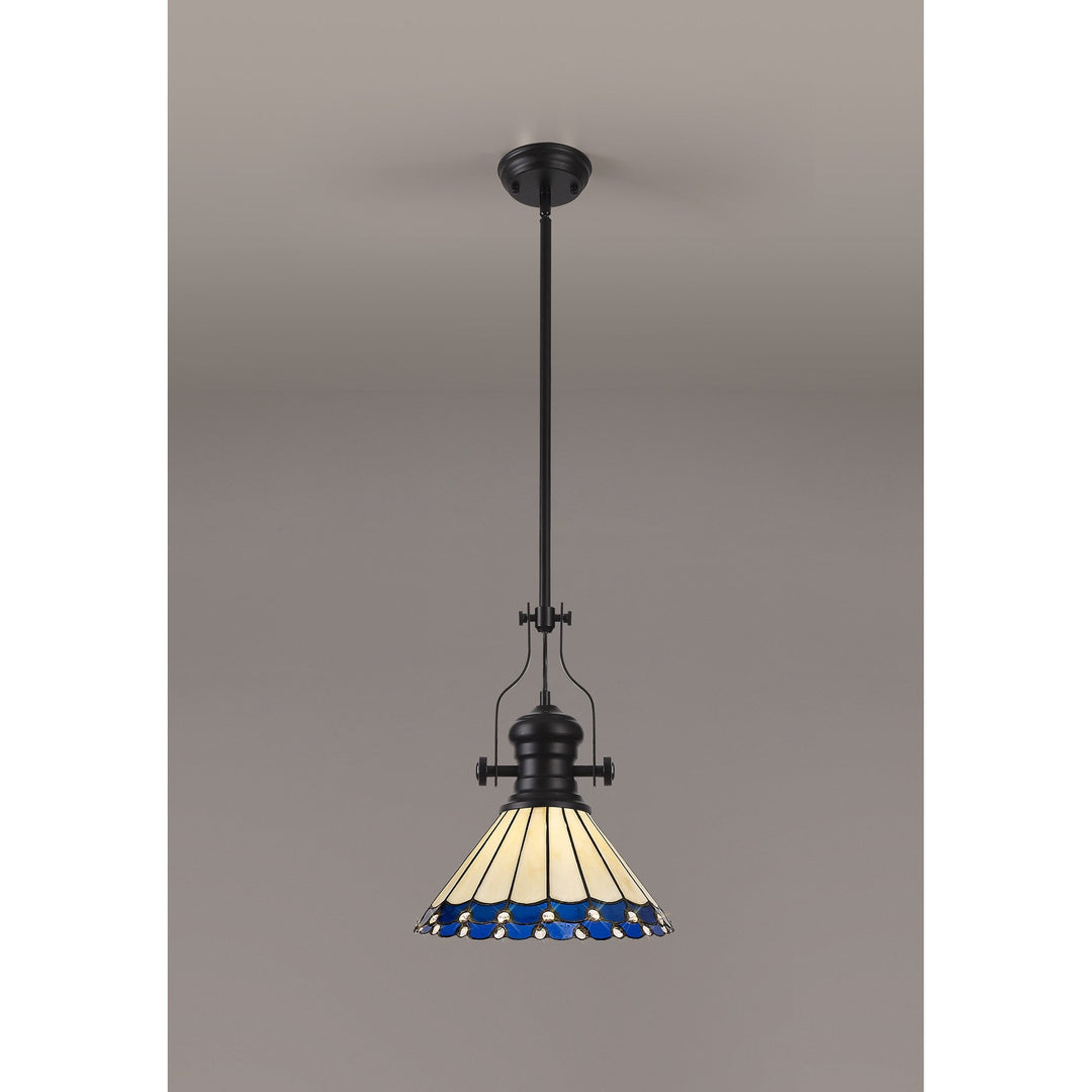 Nelson Lighting NLK15059 Louis, Umbrian 1 Light Pendant Matt Black Blue/Cream