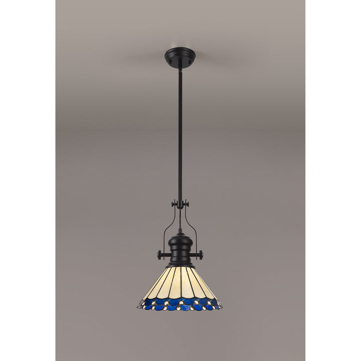 Nelson Lighting NLK15059 Louis, Umbrian 1 Light Pendant Matt Black Blue/Cream