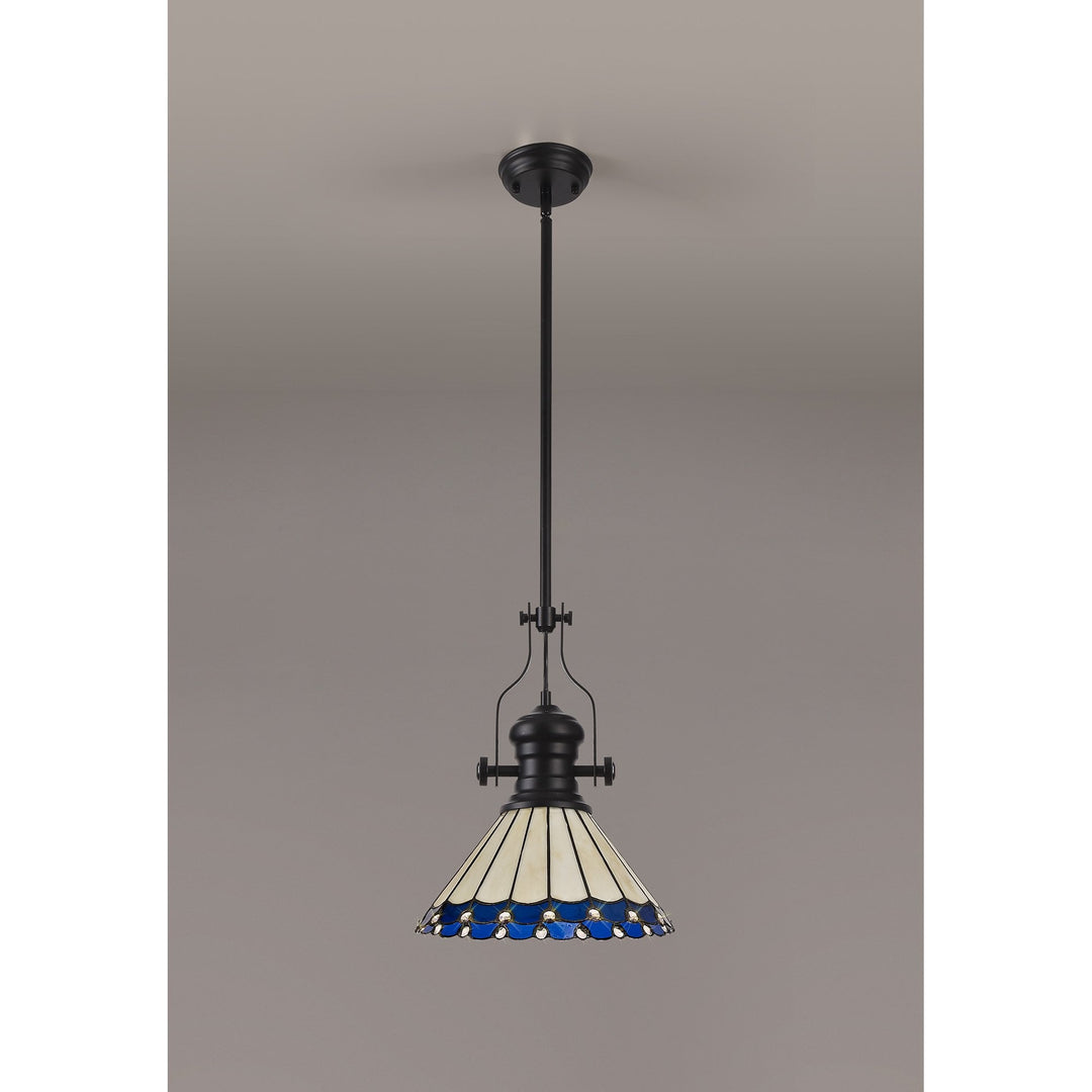 Nelson Lighting NLK15059 Louis, Umbrian 1 Light Pendant Matt Black Blue/Cream