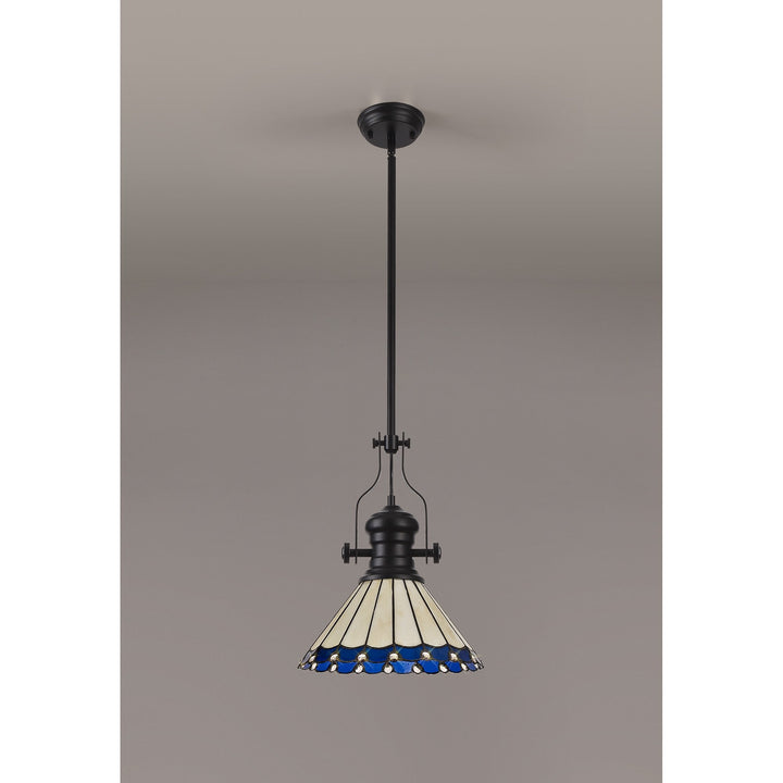 Nelson Lighting NLK15059 Louis, Umbrian 1 Light Pendant Matt Black Blue/Cream