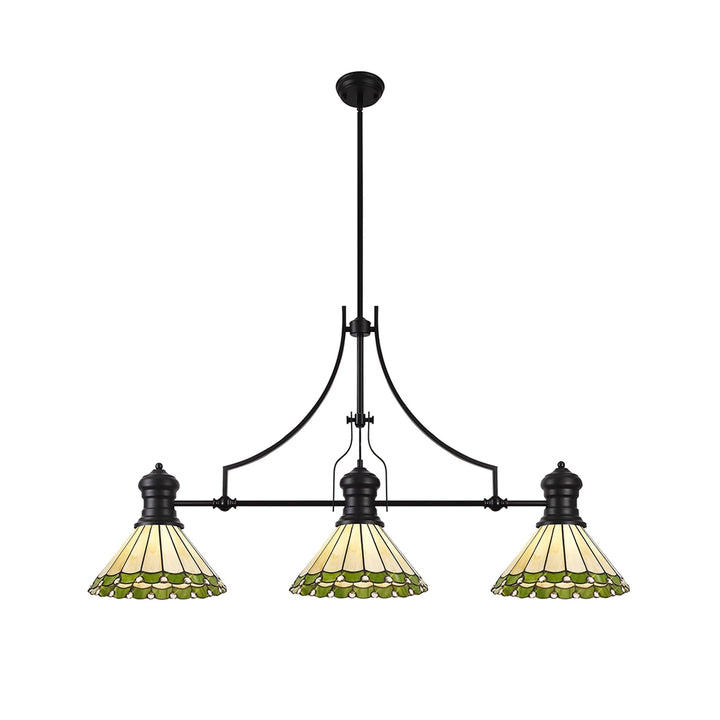 Nelson Lighting NLK15159 Louis, Umbrian 3 Light Linear Pendant Matt Black Green/Cream