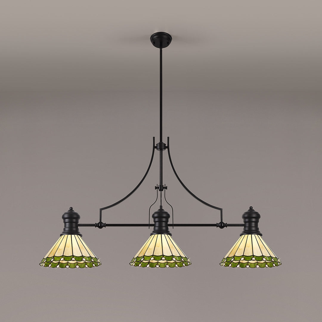 Nelson Lighting NLK15159 Louis, Umbrian 3 Light Linear Pendant Matt Black Green/Cream