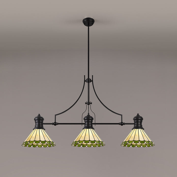 Nelson Lighting NLK15159 Louis, Umbrian 3 Light Linear Pendant Matt Black Green/Cream