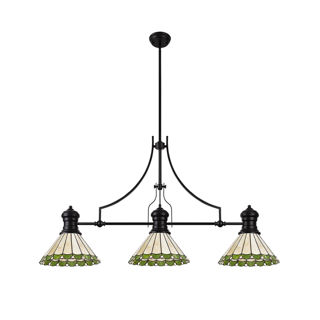 Nelson Lighting NLK15159 Louis, Umbrian 3 Light Linear Pendant Matt Black Green/Cream