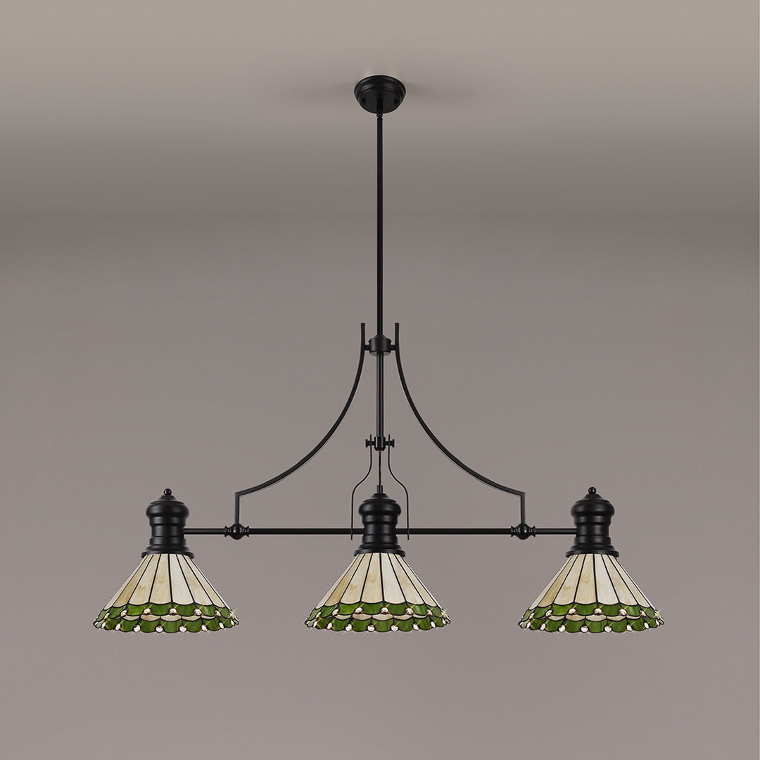 Nelson Lighting NLK15159 Louis, Umbrian 3 Light Linear Pendant Matt Black Green/Cream