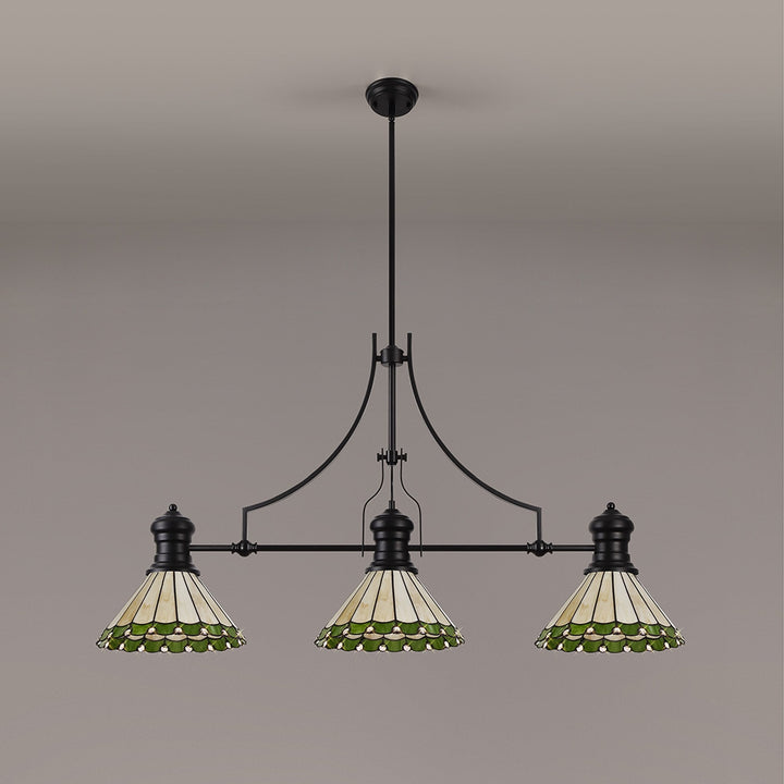 Nelson Lighting NLK15159 Louis, Umbrian 3 Light Linear Pendant Matt Black Green/Cream