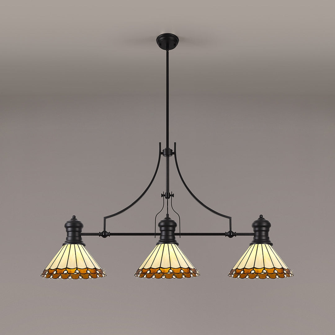 Nelson Lighting NLK15169 Louis, Umbrian 3 Light Linear Pendant Matt Black Amber/Cream