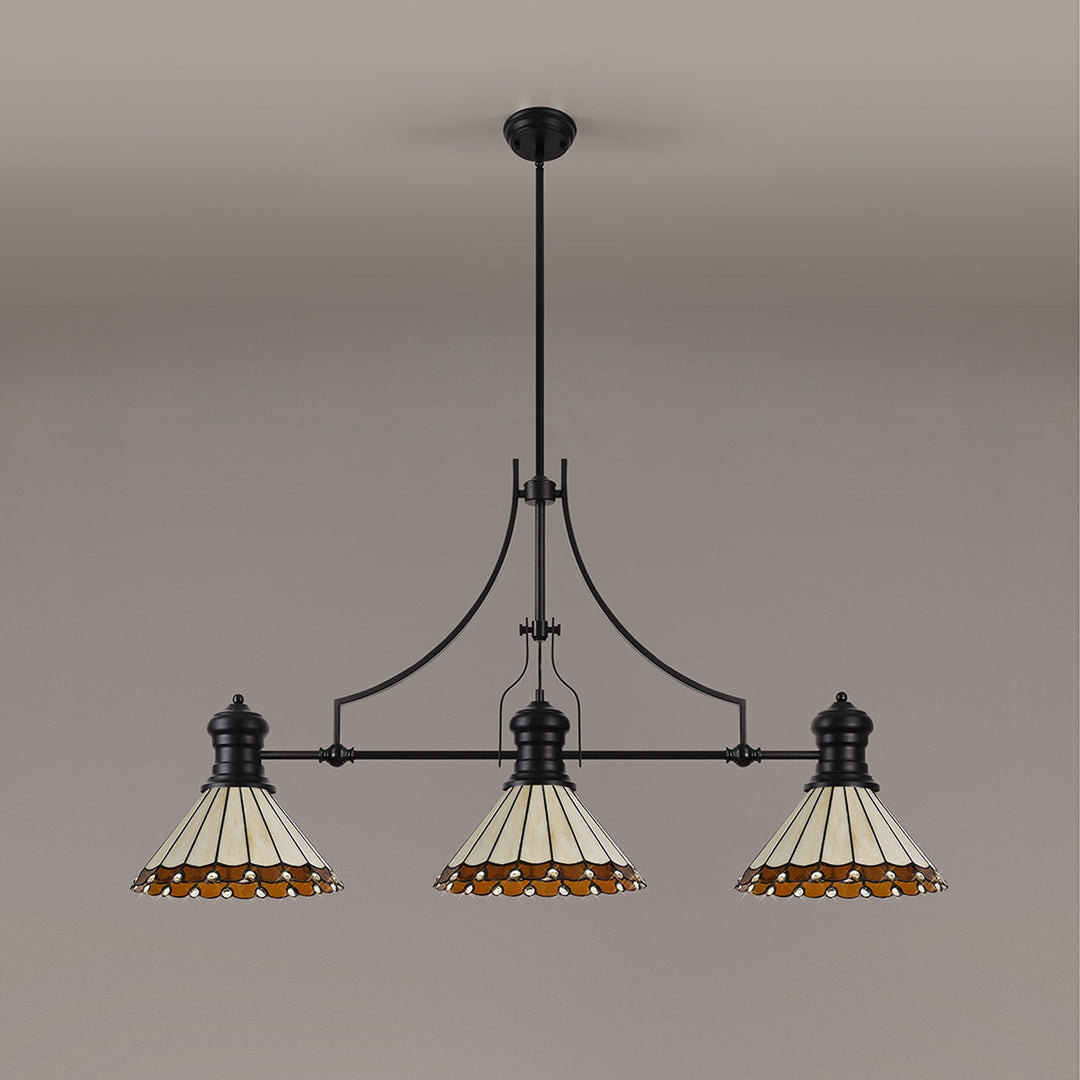 Nelson Lighting NLK15169 Louis, Umbrian 3 Light Linear Pendant Matt Black Amber/Cream