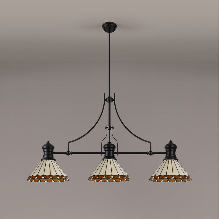 Nelson Lighting NLK15169 Louis, Umbrian 3 Light Linear Pendant Matt Black Amber/Cream