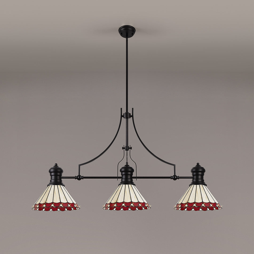 Nelson Lighting NLK15179 Louis, Umbrian 3 Light Linear Pendant Matt Black Red/Cream