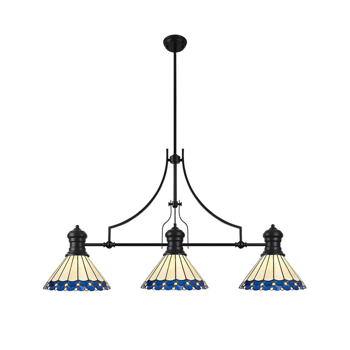 Nelson Lighting NLK15189 Louis, Umbrian 3 Light Linear Pendant Matt Black Blue/Cream