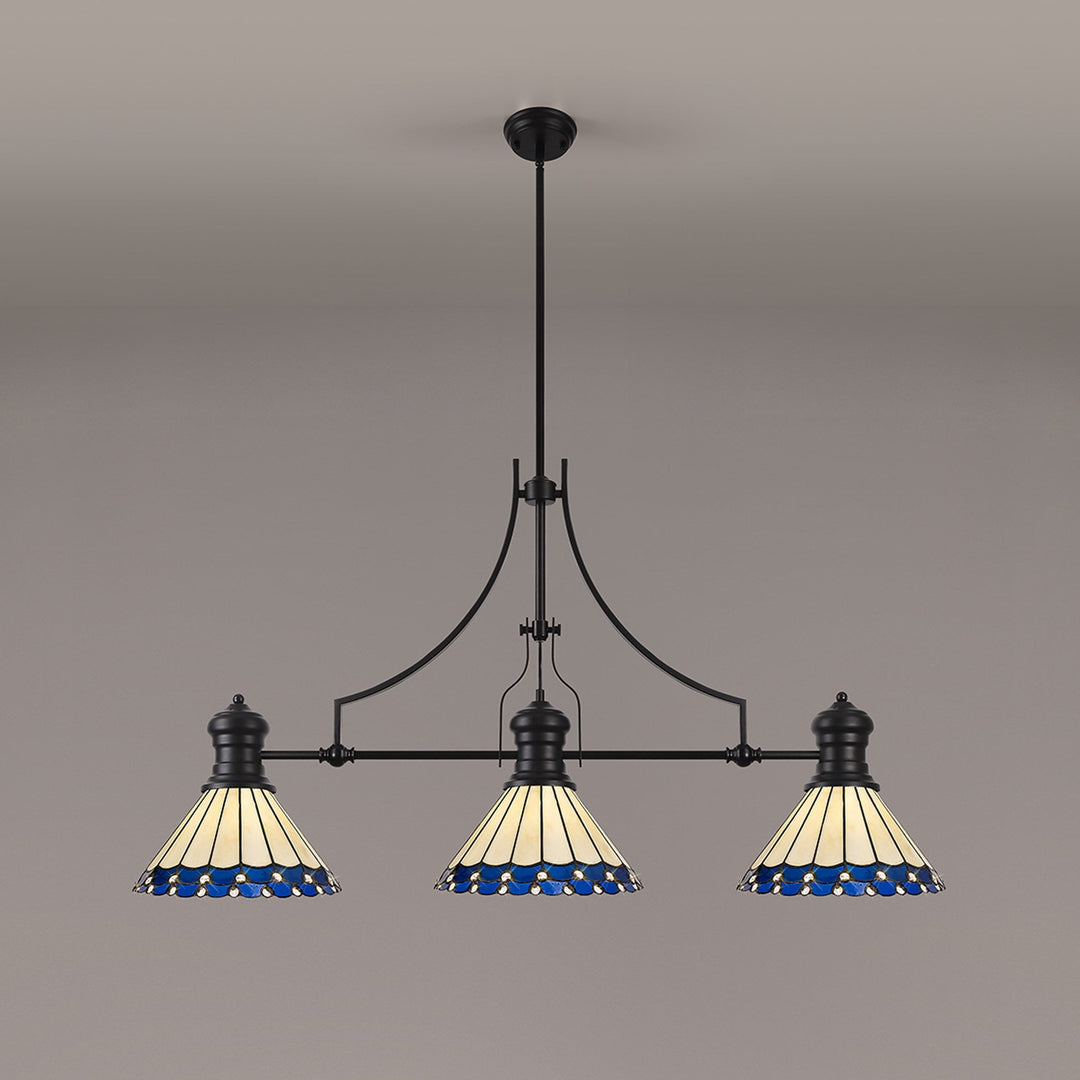 Nelson Lighting NLK15189 Louis, Umbrian 3 Light Linear Pendant Matt Black Blue/Cream