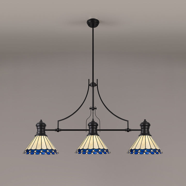 Nelson Lighting NLK15189 Louis, Umbrian 3 Light Linear Pendant Matt Black Blue/Cream