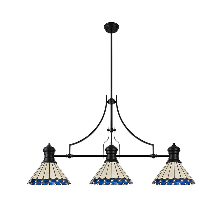 Nelson Lighting NLK15189 Louis, Umbrian 3 Light Linear Pendant Matt Black Blue/Cream