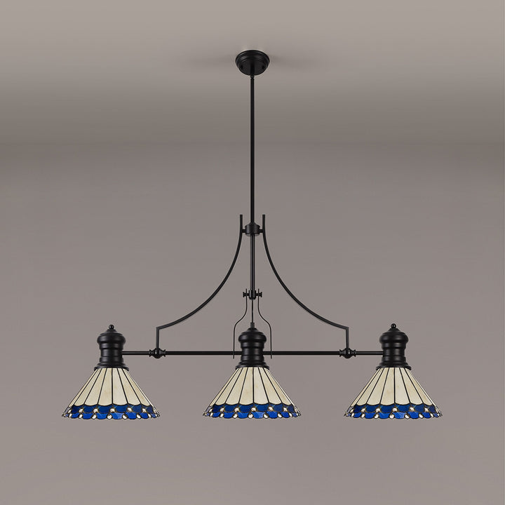 Nelson Lighting NLK15189 Louis, Umbrian 3 Light Linear Pendant Matt Black Blue/Cream