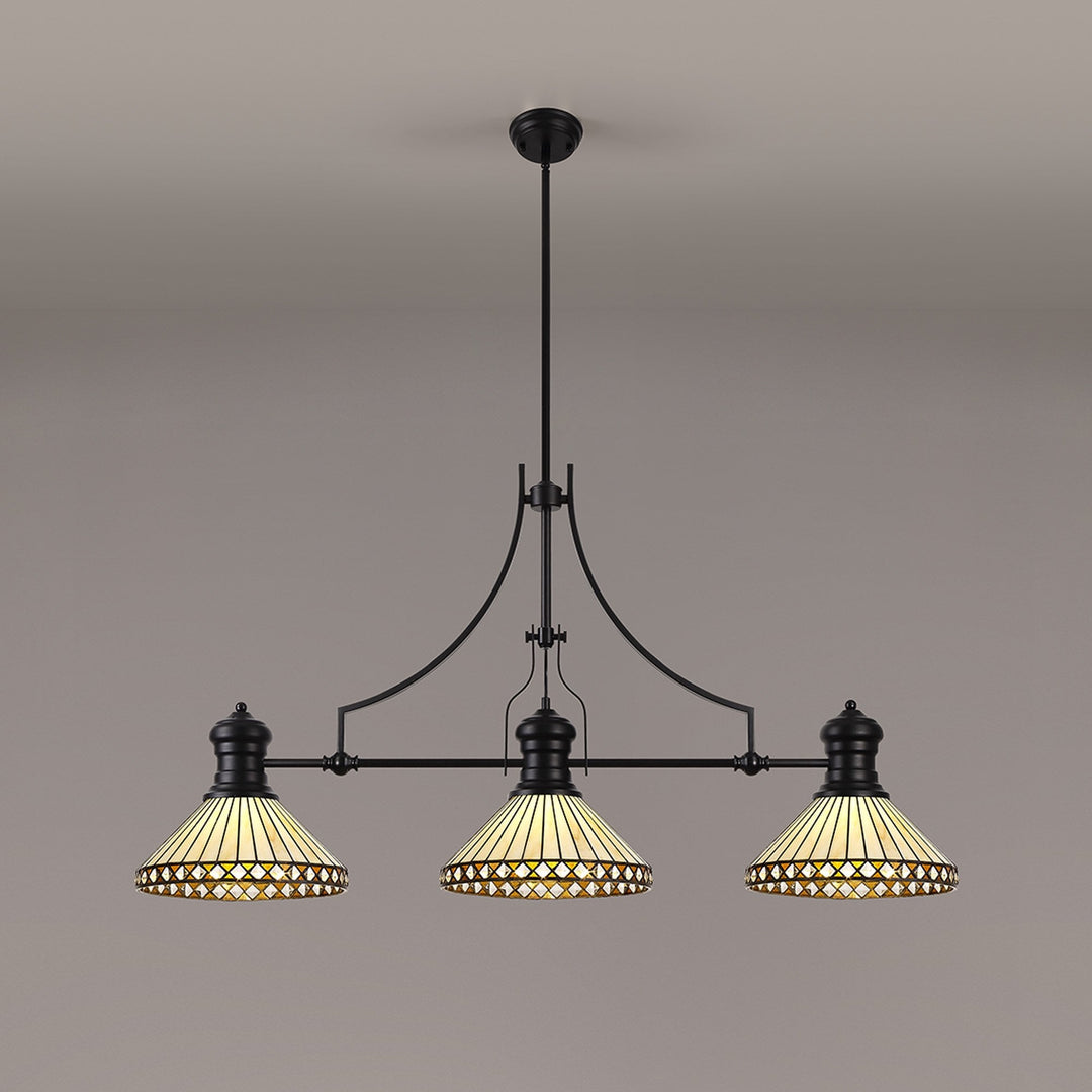 Nelson Lighting NLK15209 Louis, Tink 3 Light Linear Pendant Matt Black Amber/Cream