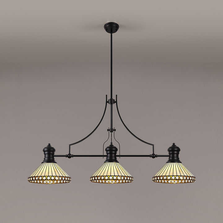 Nelson Lighting NLK15209 Louis, Tink 3 Light Linear Pendant Matt Black Amber/Cream