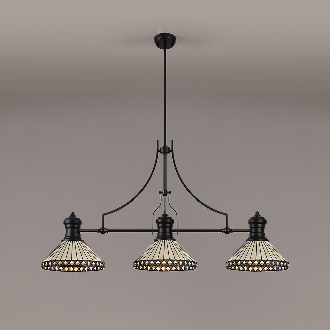 Nelson Lighting NLK15209 Louis, Tink 3 Light Linear Pendant Matt Black Amber/Cream