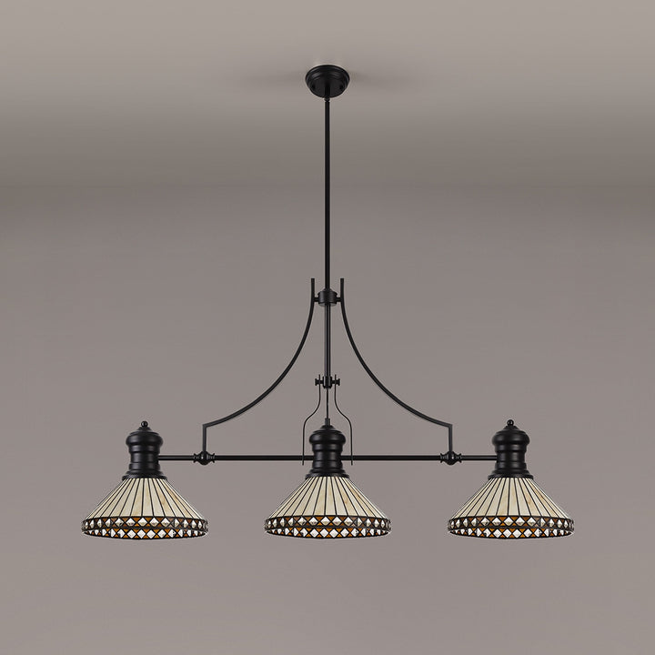 Nelson Lighting NLK15209 Louis, Tink 3 Light Linear Pendant Matt Black Amber/Cream