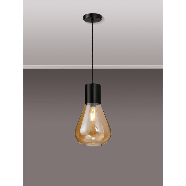 Nelson Lighting NLK09649 Olivia 1 Light Narrow Pendant Satin Black Amber