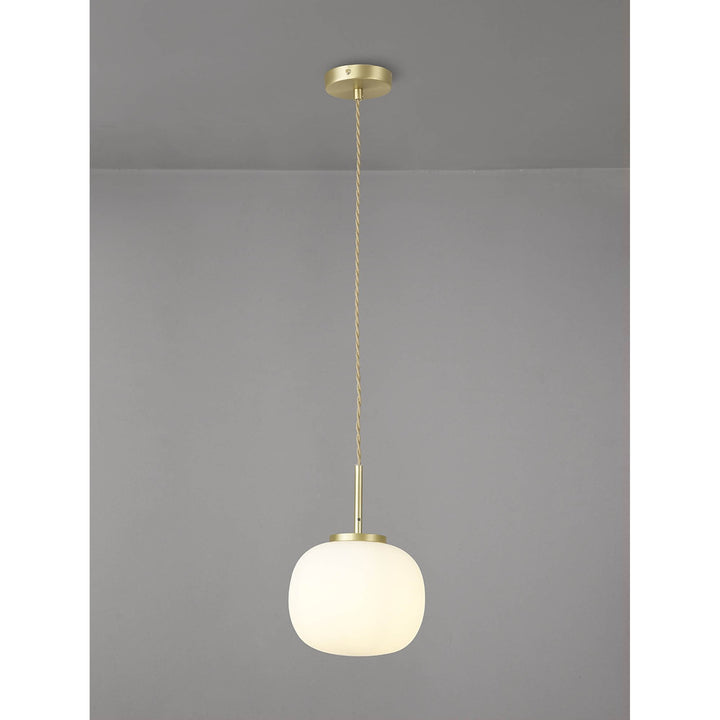 Nelson Lighting NL86489 Sabus Small Oval Ball Pendant 1 Light E27 Satin Gold Suspension With Frosted White Glass Globe