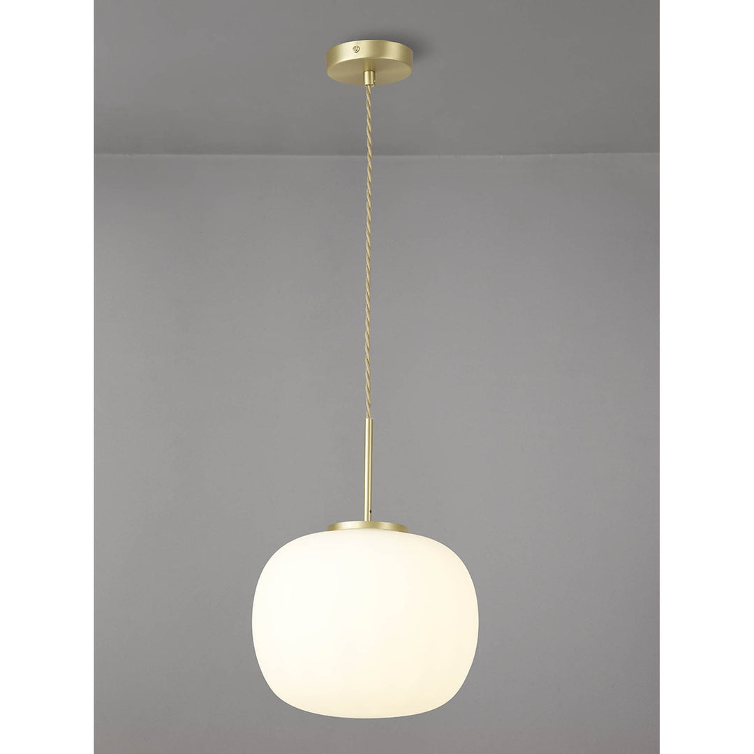 Nelson Lighting NL86499 Sabus Medium Oval Ball Pendant 1 Light E27 Satin Gold Suspension With Frosted White Glass Globe