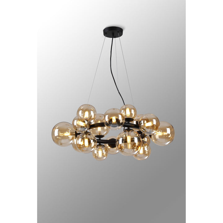 Nelson Lighting NL9041/AM9 Prague 16 Light Circular Pendant Satin Black Amber Plated