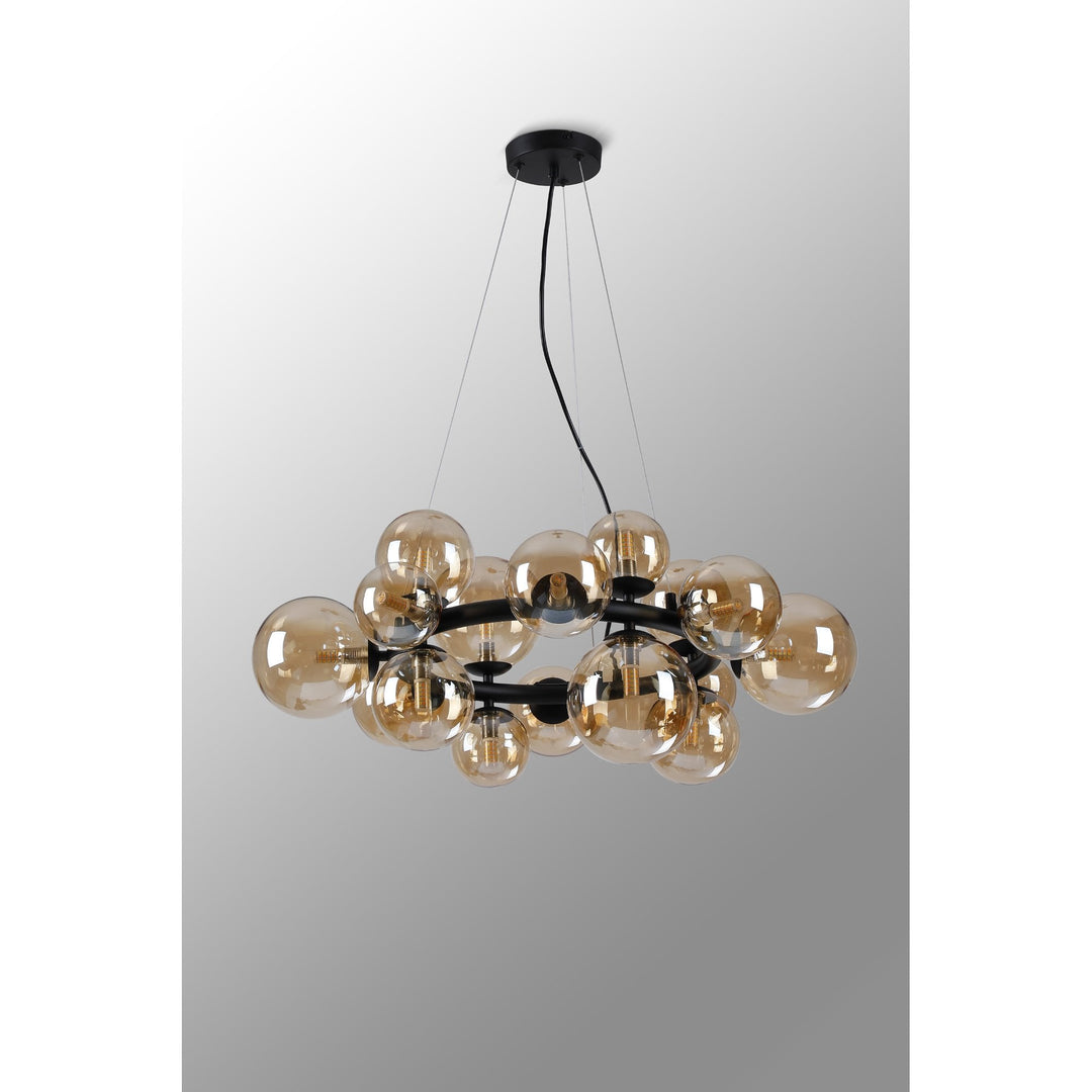 Nelson Lighting NL9041/AM9 Prague 16 Light Circular Pendant Satin Black Amber Plated