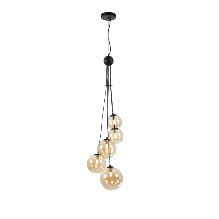 Nelson Lighting NL9042/AM9 Prague 5 Light Pendant Satin Black Amber Plated