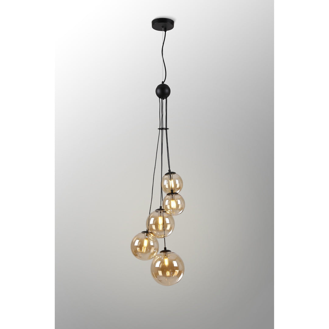 Nelson Lighting NL9042/AM9 Prague 5 Light Pendant Satin Black Amber Plated