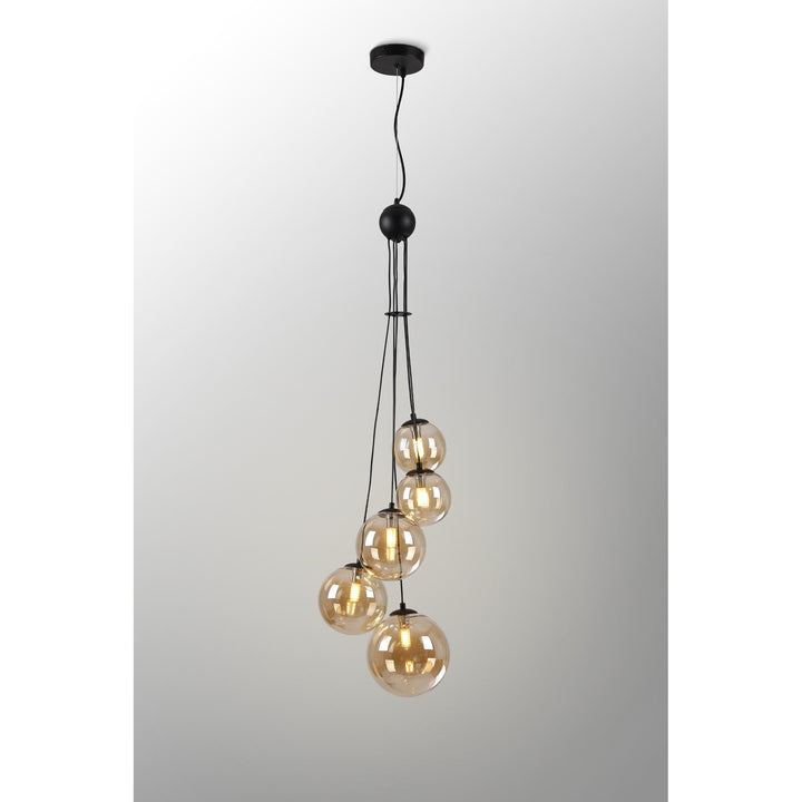 Nelson Lighting NL9042/AM9 Prague 5 Light Pendant Satin Black Amber Plated