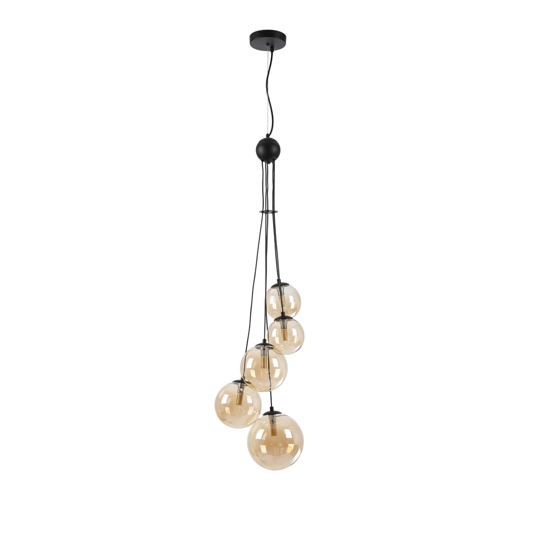 Nelson Lighting NL9042/AM9 Prague 5 Light Pendant Satin Black Amber Plated