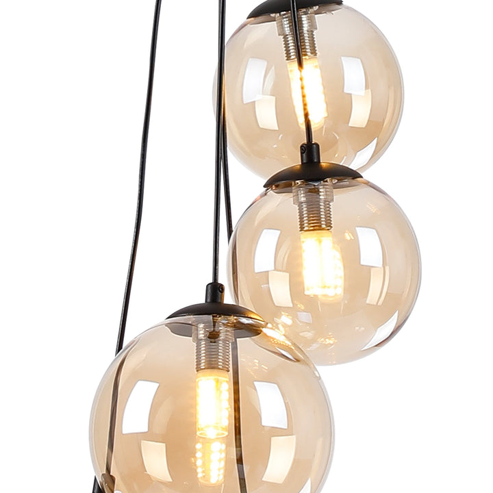 Nelson Lighting NL9042/AM9 Prague 5 Light Pendant Satin Black Amber Plated