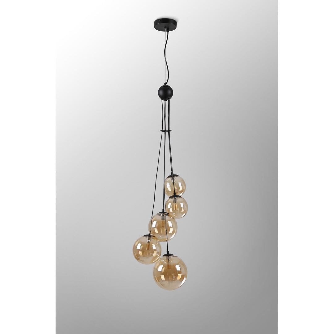 Nelson Lighting NL9042/AM9 Prague 5 Light Pendant Satin Black Amber Plated