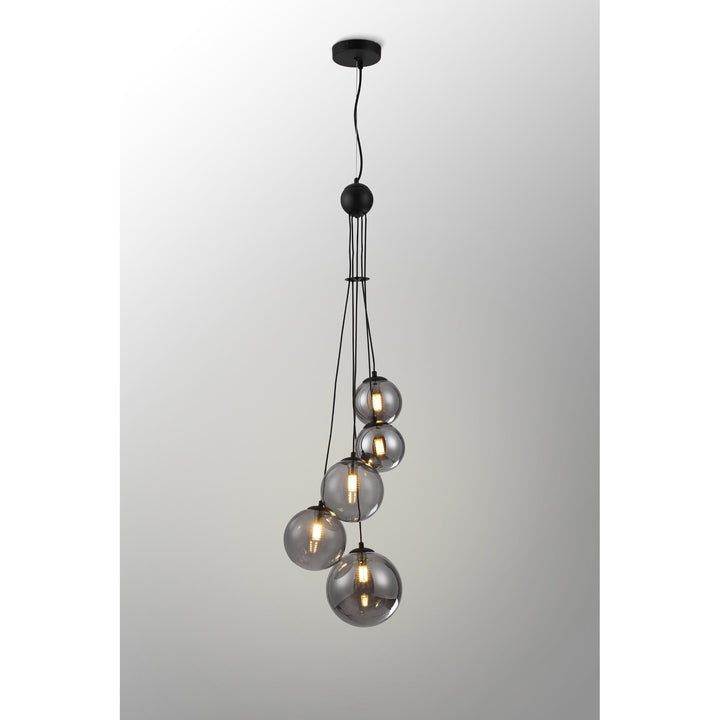 Nelson Lighting NL9042/SM9 Prague 5 Light Pendant Satin Black Smoke Plated