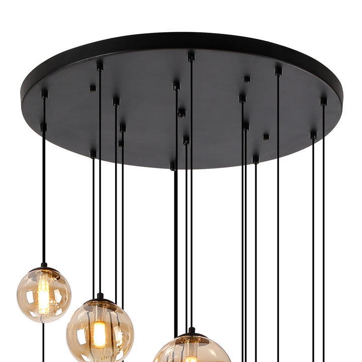 Nelson Lighting NL9043/AM9 Prague 16 Light Pendant Satin Black Amber Plated