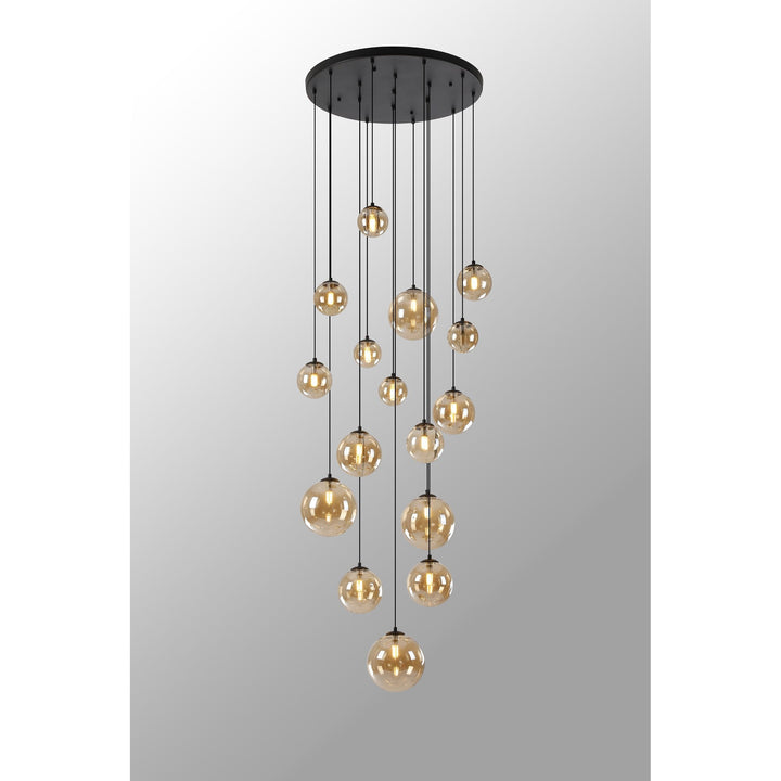 Nelson Lighting NL9043/AM9 Prague 16 Light Pendant Satin Black Amber Plated