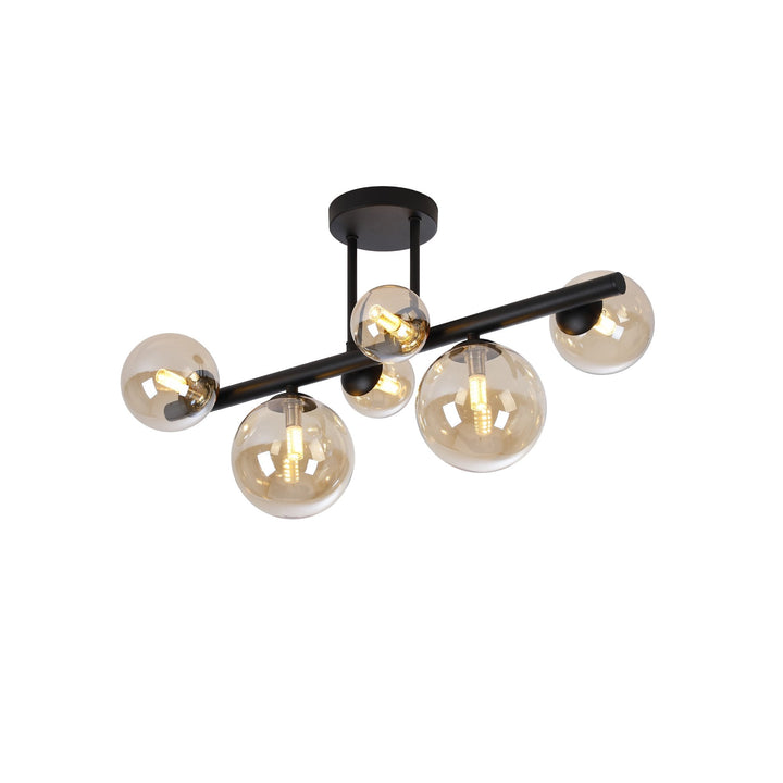 Nelson Lighting NL9044/AM9 Prague 6 Light Ceiling Light Satin Black Amber Plated