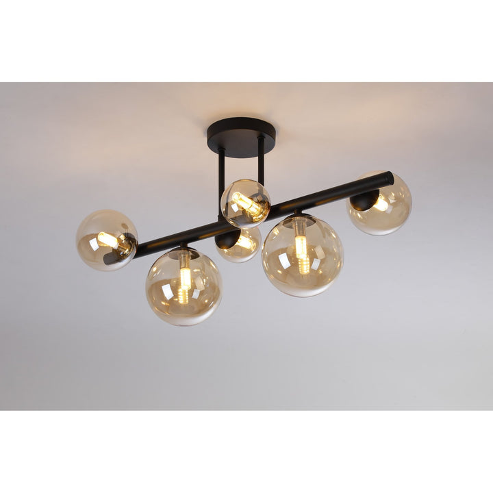 Nelson Lighting NL9044/AM9 Prague 6 Light Ceiling Light Satin Black Amber Plated