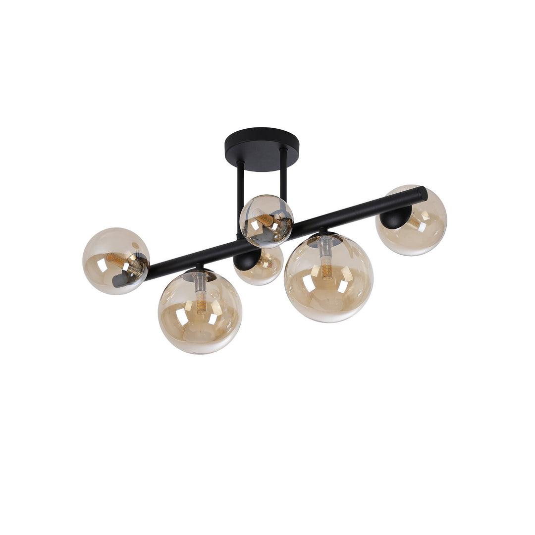 Nelson Lighting NL9044/AM9 Prague 6 Light Ceiling Light Satin Black Amber Plated