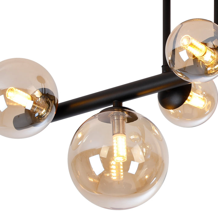 Nelson Lighting NL9044/AM9 Prague 6 Light Ceiling Light Satin Black Amber Plated